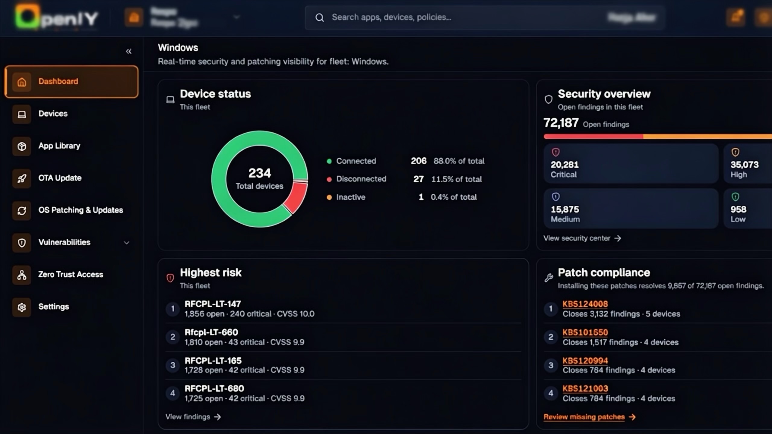 The OpenIY MDM console showing fleet posture, recent policy actions and a device record