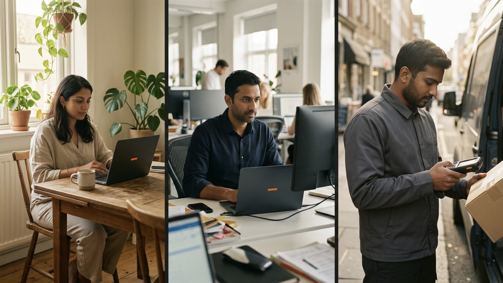A home worker, an office worker and a field worker with their devices