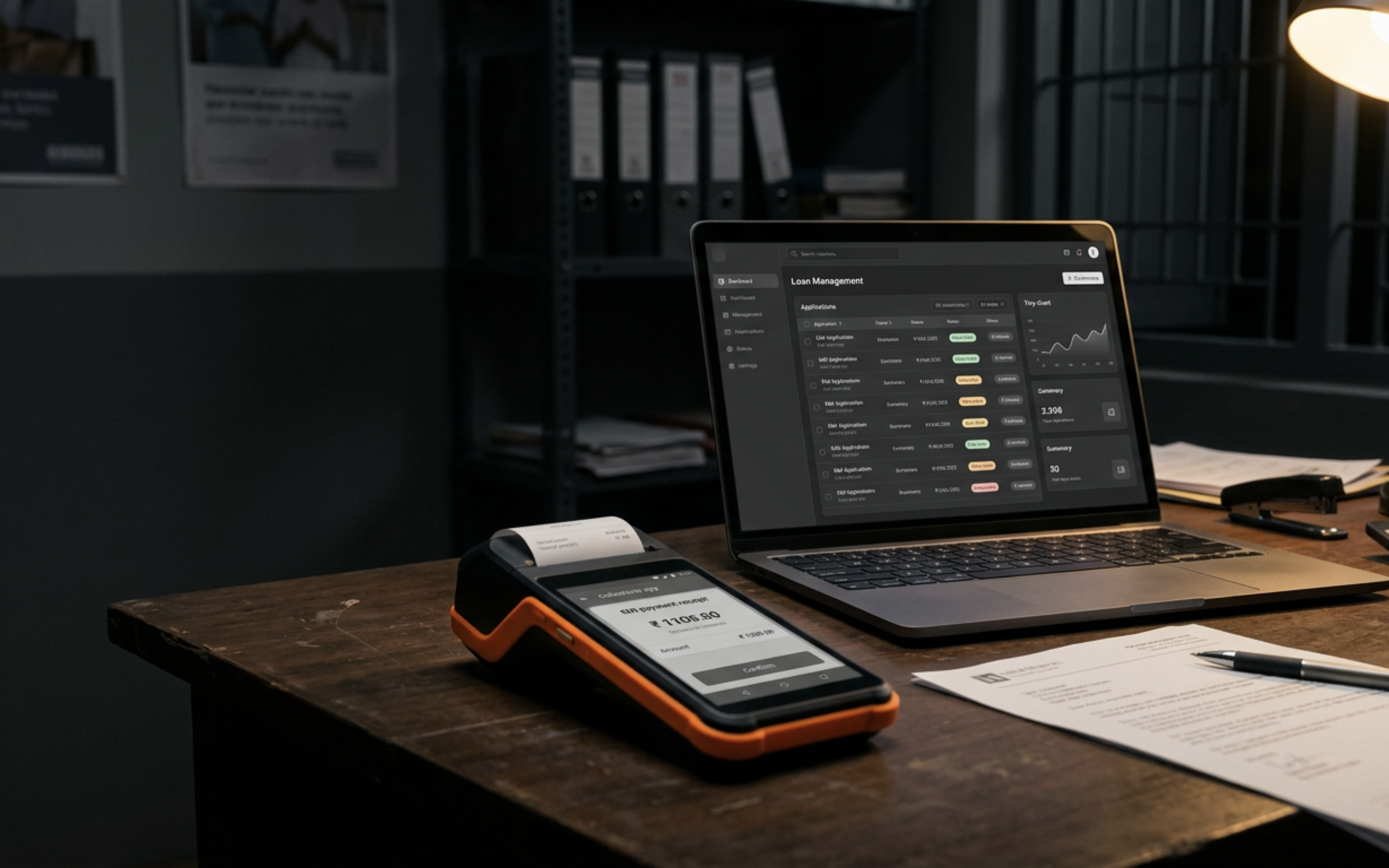 A collections handset and a loan-management laptop on a lending desk
