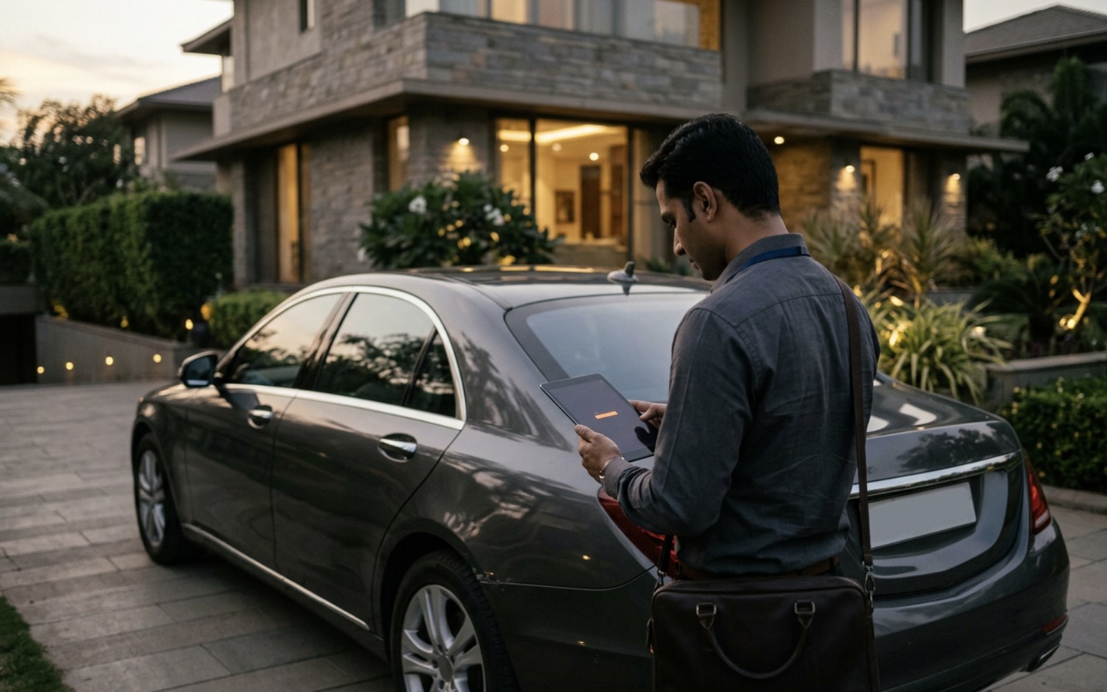 An insurance field agent with a tablet beside a car