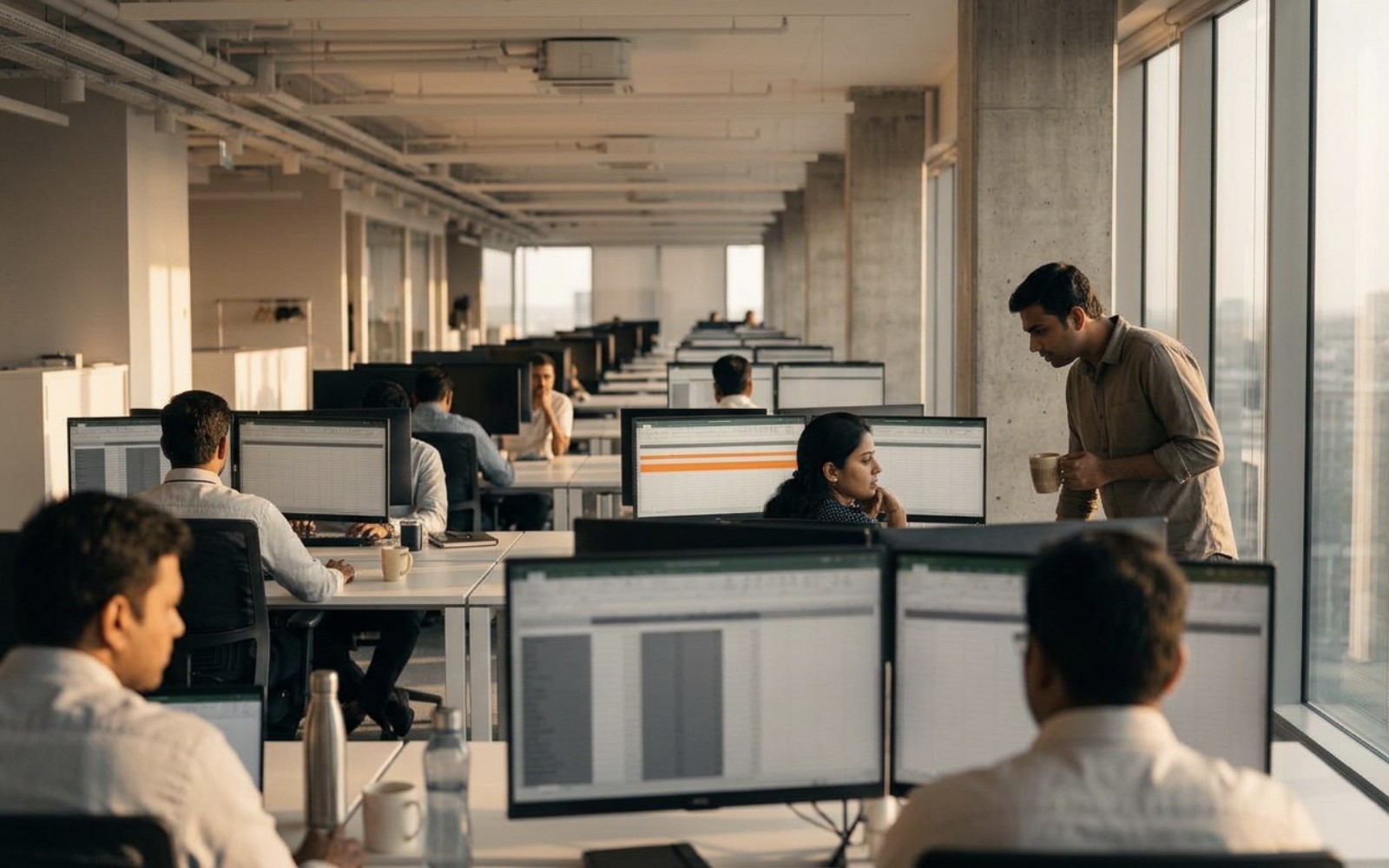 Analysts at workstations on a knowledge-operations floor