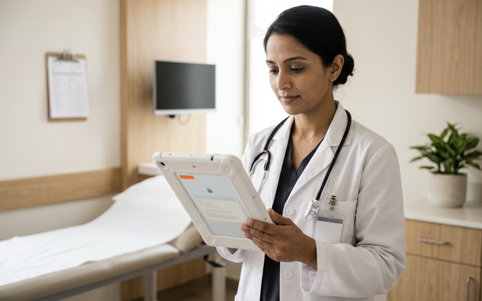 A clinician using a shared tablet at a hospital station